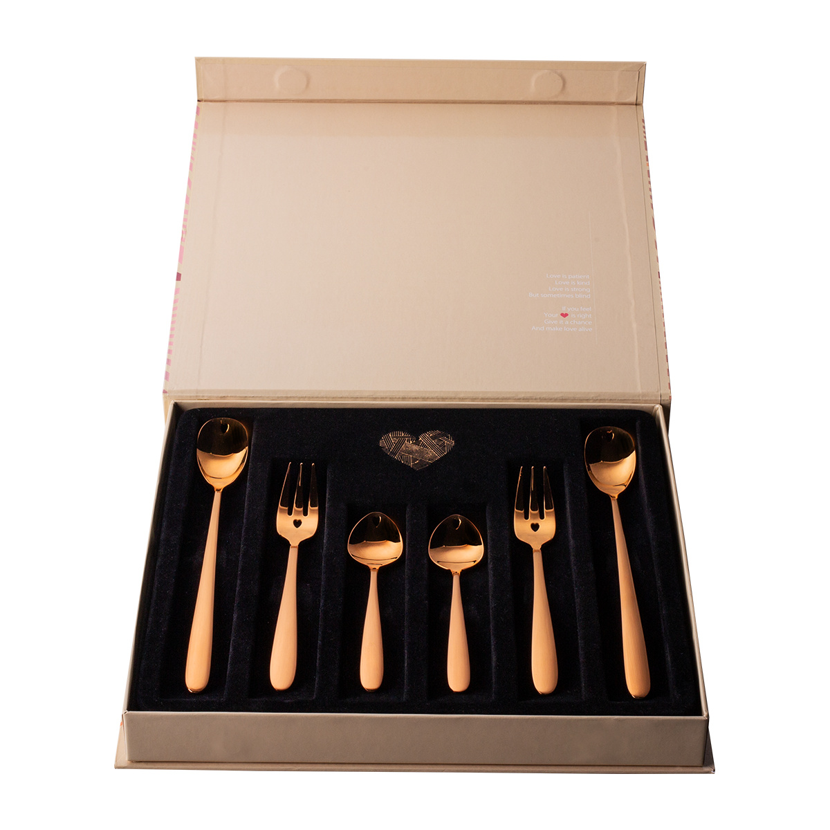 Darčekový set so srdiečkom 6 ks ružovo-zlatý — Love Cutlery