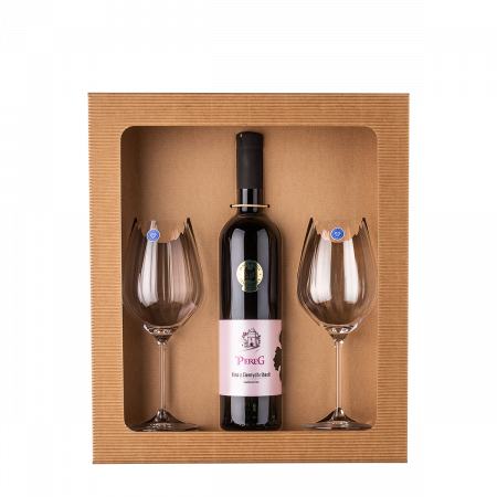 Darčekový set – víno z čiernych ríbezlí 0,75 l Pereg + 2 ks poháre Optima Glas Lunasol